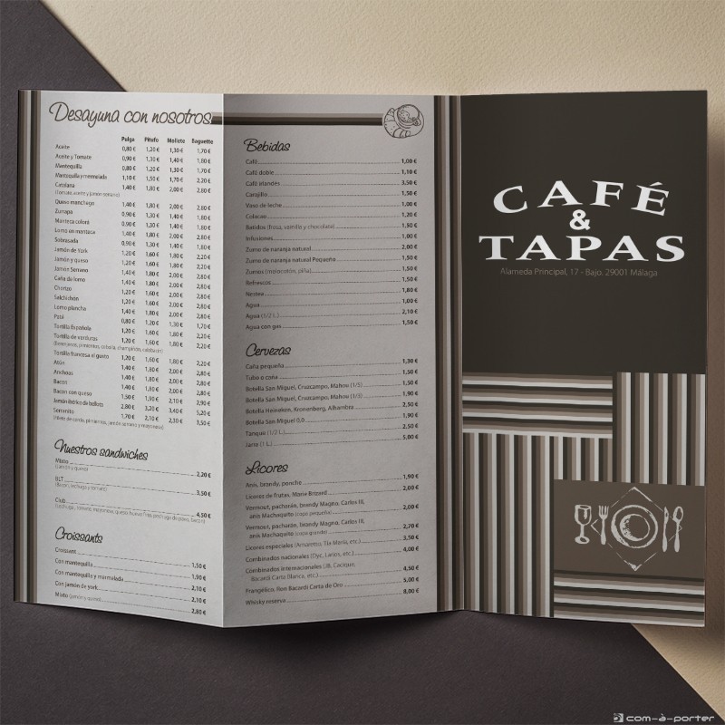 Tríptico Carta de Menú de Café & Tapas en Español y en Inglés
