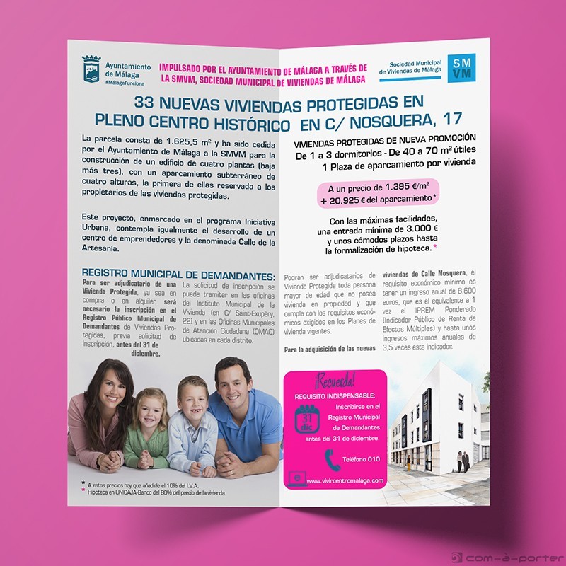 Díptico informativo de una promoción VPO de la Sociedad Municipal de Viviendas de Málaga (Ayuntamiento de Málaga)