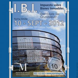 Cartel informativo del Impuesto sobre Bienes Inmuebles (I.B.I.), del Patronato de Recaudación (Diputación de Málaga)