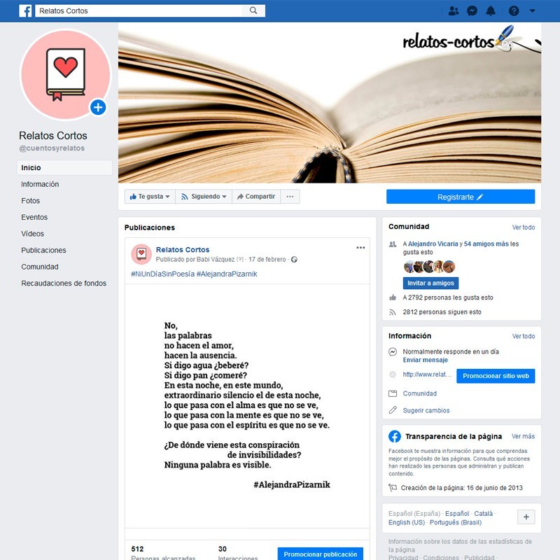 Gestión del perfil de Facebook de Relatos Cortos @cuentosyrelatos