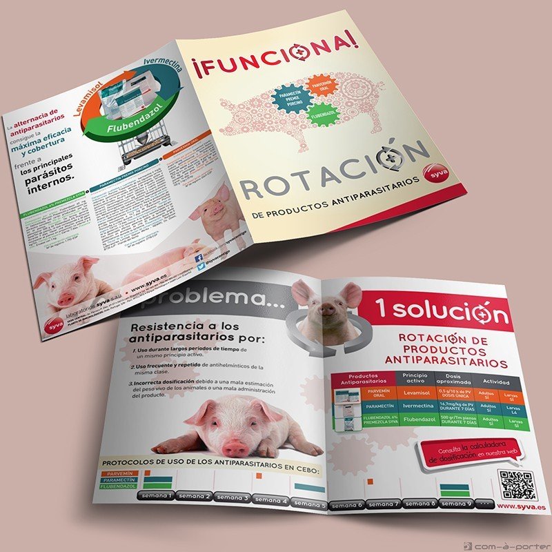 Díptico informativo de informativo de Rotación de Productos Antiparasitarios Porcinos de Laboratorios Syva