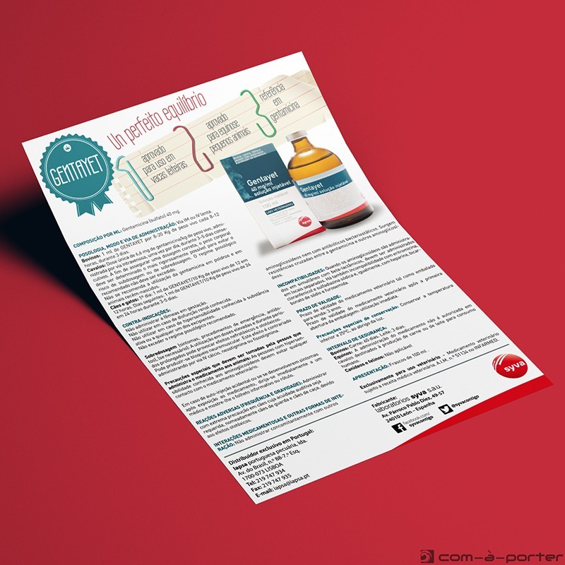 Flyer informativo de Producto Antibacteriano (Gentayet) de Laboratorios Syva en Portugal