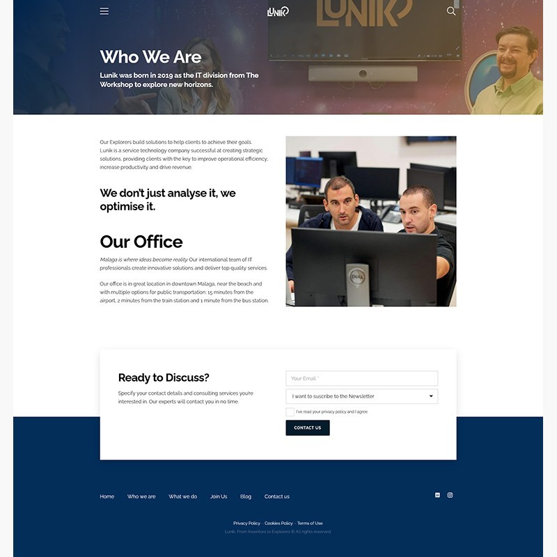 Diseño de página web de Lunik. Explorers at Work