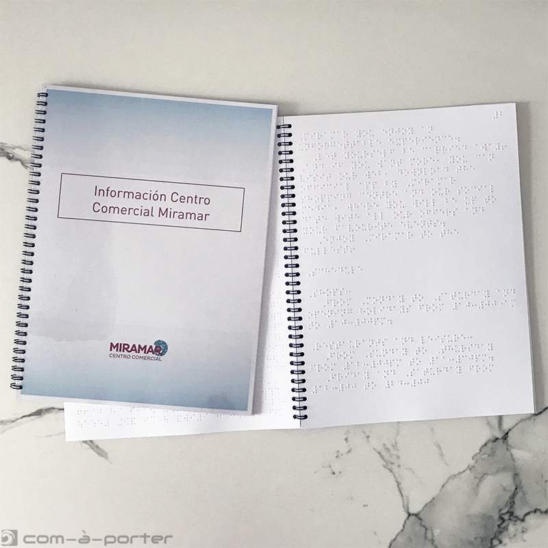 Transcripción al lenguaje de lectoescritura braille y posterior impresión y encuadernación de Información del Centro Comercial Miramar