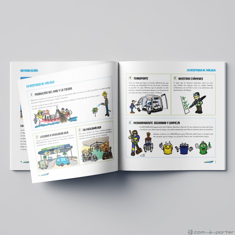 Maquetación de folleto educativo de Mercamálaga con diseño de frutómetro