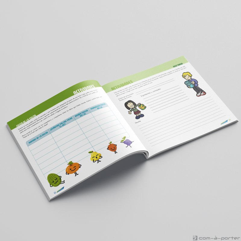 Maquetación de folleto educativo de Mercamálaga con diseño de frutómetro