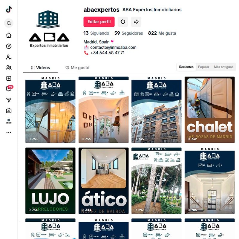 Gestión del perfil de la red social Tik Tok de ABA Expertos Inmobiliarios