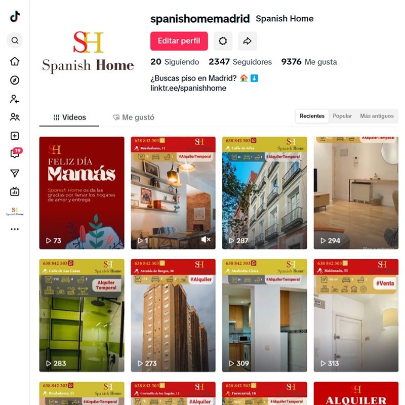 Gestión del perfil de la red social Tik Tok de Spanish Home