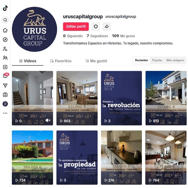 Gestión del perfil de la red social Tik Tok de URUS Capital Group