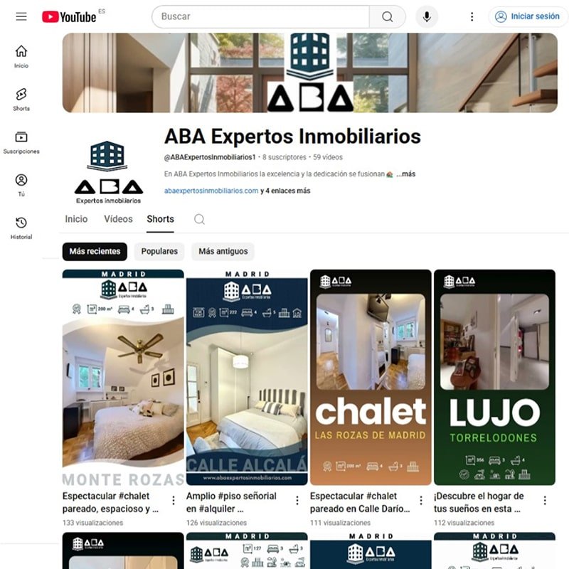 Gestión del perfil de la red social Youtube de ABA Expertos Inmobiliarios