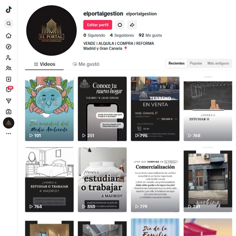 Gestión del perfil de la red social Tik Tok de El Portal - Gestión Inmobiliaria