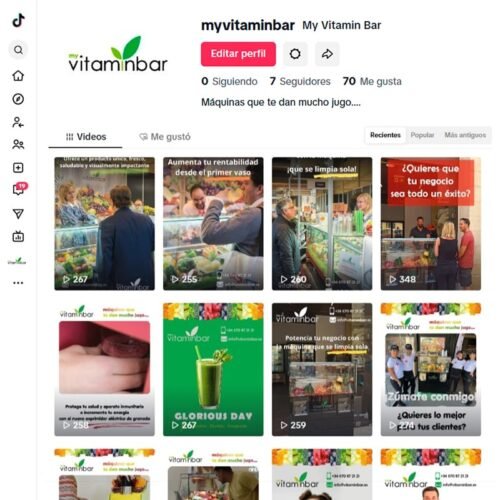 Gestión del perfil de la red social Tik Tok de MyVitaminBar, marca de maquinaria para hostelería de Original Food Import