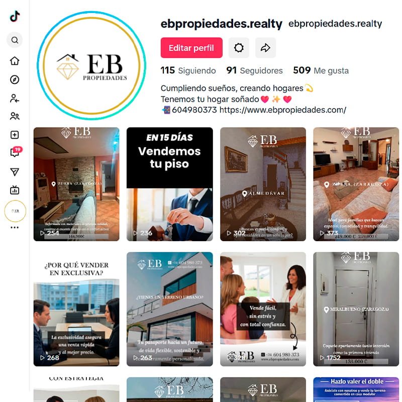 Gestión del perfil de la red social TikTok de Elena Beltrán Propiedades