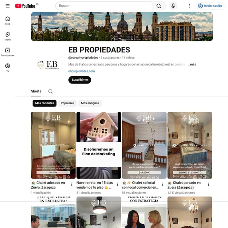 Gestión del perfil de la red social Youtube de Elena Beltrán Propiedades